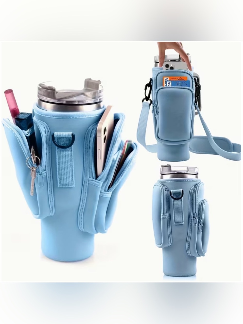 Blue Tumbler Carrier with Adjustable Straps and Pockets